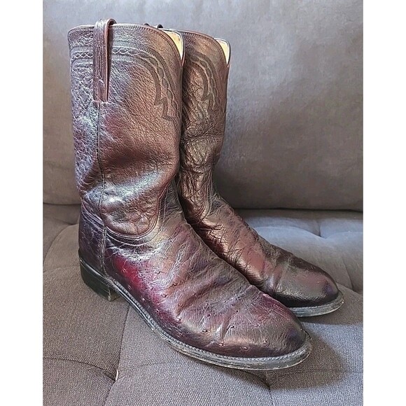 Lucchese  2000 Maroon Leather Western Ostrich Boots Mens Sz 10 Model # T007502 - Picture 1 of 11